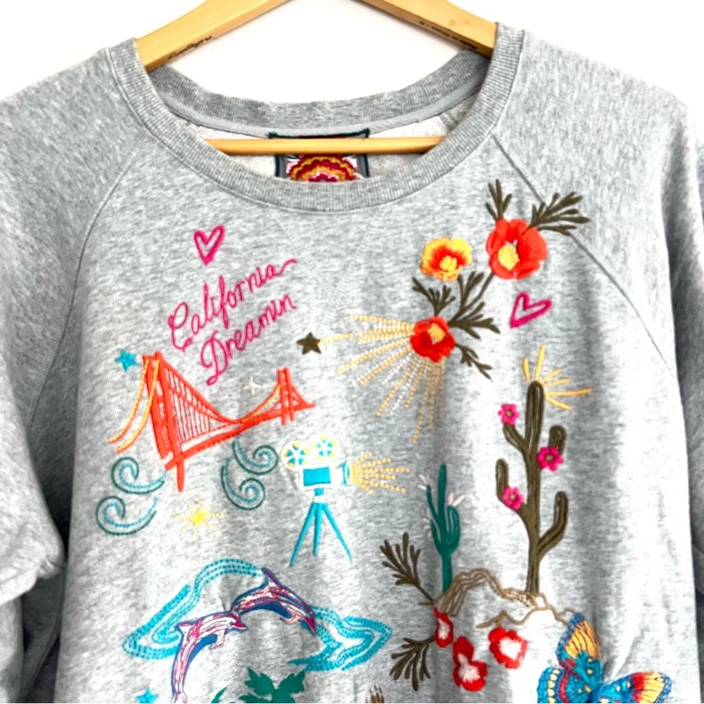 JOHNNY WAS California Raglan Gray Multicolor Embroidery Cotton Sweatshirt Sz XL - Picture 4 of 16